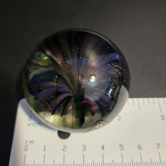 Kelly Glass Paperweight Sphere with Green and Purple "Flower" - Picture 5 of 6